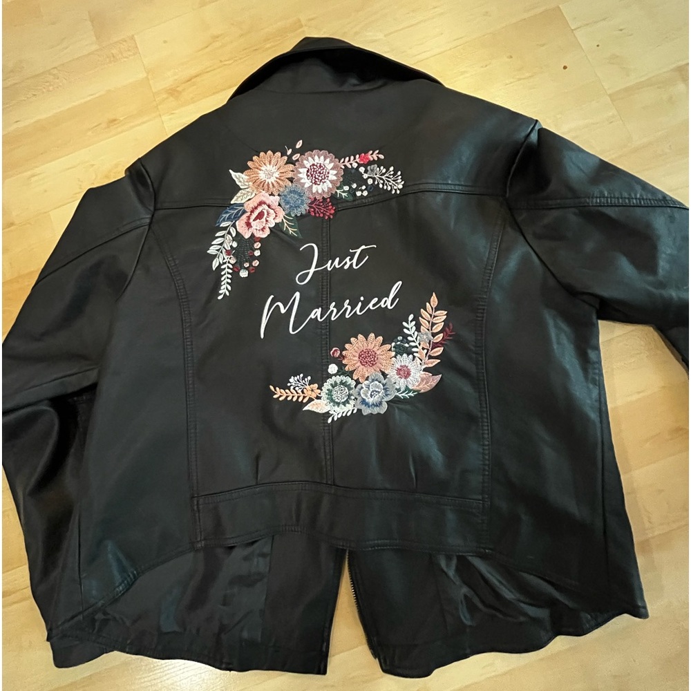 David’s Bridal just married faux leather jacket